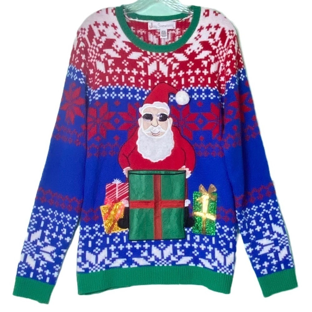 Men's Ugly Holiday Christmas Sweater Crew Neck Pullover Santa in Sunglasses Med